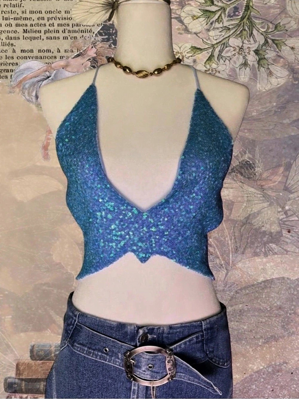 Blue & Green Sequin Butterfly Halter Top with tie up string Medium